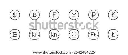 Currency icon collection. Money exchange, dollar, frank, yuan, krone and more. Editable stroke. Pixel Perfect. Grid base 32px.