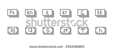 Currency icon collection. Money exchange, dollar, new shekel, zloty, krone and more. Editable stroke. Pixel Perfect. Grid base 32px.