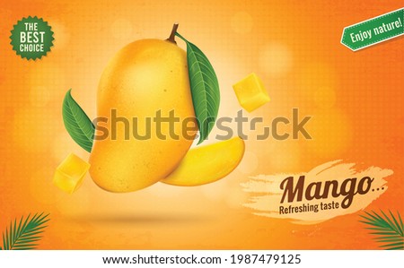 Fresh ripe mango fruit with mango pieces and slices on yellow background