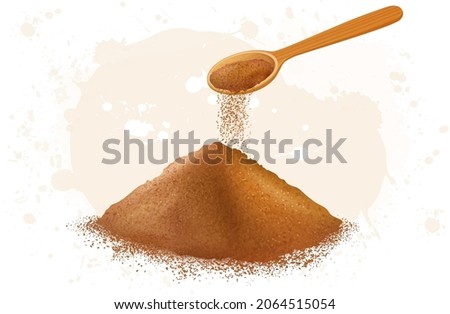 Brown sugar (Jaggery sugar cane) Powder vector illustration with wooden spoon
