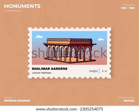 Shalimar Gardens Monument Postage stamp ticket design with information-vector illustration design