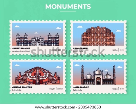 Pack of Monuments-Parliament of India, Janaki Mandir, Hawa Mahal, Jantar Mantar, Jama Masjid Postage Stamp Ticket design with information-vector illustration design