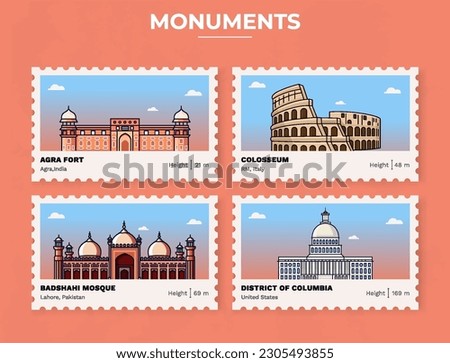 Pack of Monuments-Parliament of India, Agra Fort, Colosseum, Badshahi Mosque, District of Columbia Postage Stamp Ticket design with information-vector illustration design