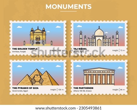 Pack of Monuments-The golden temple, Taj Mahal, Pyramid of Giza, The Parthenon Postage Stamp Ticket design with information-vector illustration design