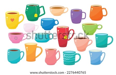 Large set with a variety of cups and mugs. Cups with tea and coffee.