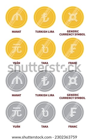 Set of vector currency icons and symbols. manat, franc, Turkish lira, yuan, taka, universal currency designation.