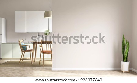 3d rendering mock up picture of a beautiful studio apartment which has living room, kitchen and dining table in the same area with blank wall. Home products background, Backdrop, Indoors, Interior.