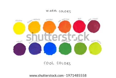 Basic colors theory for kids concept. Colour palette of primary, secondary and tertiary color, warm and cool scheme with kids hand writing. Complementary, Poster, Chart, Learning, Painting, Arts.