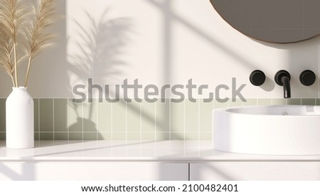3D render an empty white vanity counter with ceramic washbasin and modern style faucet in a bathroom with morning sunlight and shadow. Blank space for products display mockup. Background, Wall tiles. Foto stock © 
