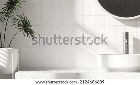 3D render of a beautiful white vanity set with ceramic wash basin, round mirror and tropical palm tree in the pot with morning sunlight. Space for products overlay. Background, Mock up, Mockup, Empty. Foto d'archivio © 