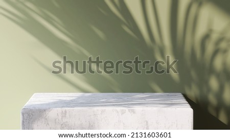 3D render fo beauty products background, an empty white marble stone podium with beautiful sunlight and foliage palm leaf shadow on blank green wall. Mock up, Mockup, Space, Showcase, Presentation. Photo stock © 