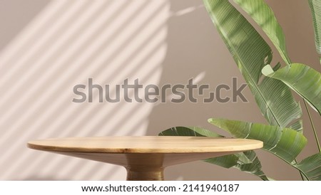 Realistic 3D render background for products overlay. Close up of round empty oak wood table with sunlight with tropical leaves plants. Organic Beauty, Natural concept. Mock up, Podium, Spa, Sunscreen. Foto d'archivio © 
