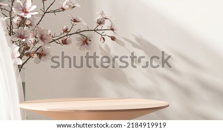 Realistic 3D render blank empty pastel pink podium with cherry blossom flower bouquet and blowing white curtain. Beauty products display, Backdrop, Advertising, Space, Foliage, Shadow, Sunlight. Сток-фото © 