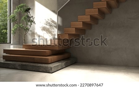 Modern, elegant L shape wood cantilever stair with black granite base staircase, tempered glass panel balustrades, tropical tree in sunlight from window on polished concrete wall, floor background 3D Imagine de stoc © 