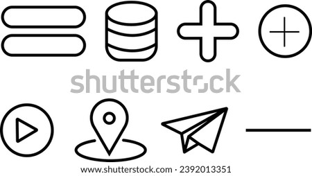 Icon sets of Equal, Database, Add, Plus, Play button, Substract and paper plane vector illustration with white background.