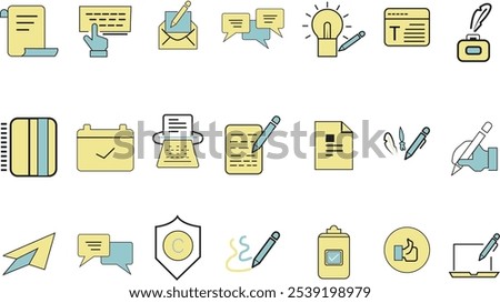 Copywriting symbols. Identity writers pen blog coding social content service production books letters articles vector flat colored icon.