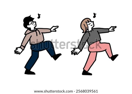 Set illustration of a man and woman skipping forward