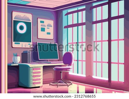 studio backgrounds  cartoon  , a room with a desk, chair, and a window, computer graphics by Victor Mosquera, Artstation, computer art, anime aesthetic, retrowave, artstation hq