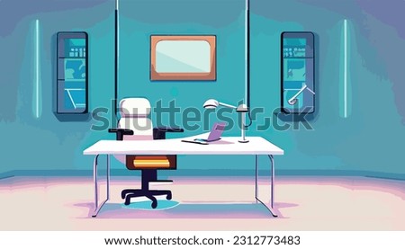Cartoon backgrounds studio, doctor's office with desk and chair and window, medicine cabinet, computer graphics by Victor Mosquera, Artstation, computer art, anime aesthetic, retrowave, artstation hq