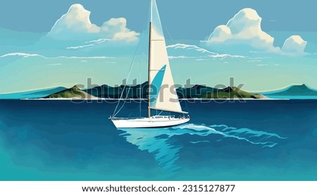 Cartoon Sailing A picturesque seascape showcasing a sleek sailboat gliding across calm azure water , landscape, wave, background, illustration, evening, summer vacation, sparkling sea, landscape, 