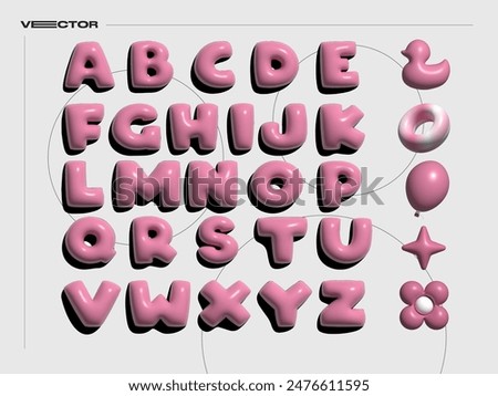 3D pink chubby alphabet vector set. Realistic ballon, Swimming ring, donut, star, flower elements.