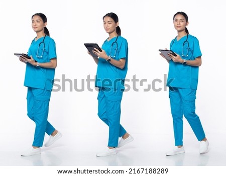 Similar – Image, Stock Photo medic woman in white coat and blue latex gloves holding a syringe, white studio background
