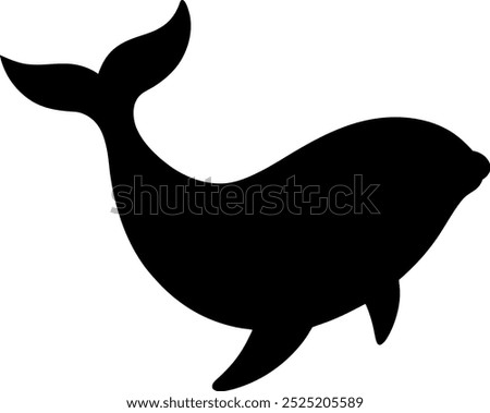 Whale silhouette in black, smooth curves, minimal design capturing its sleek movement on white