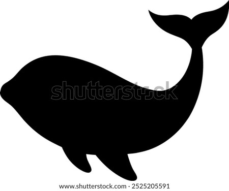 Whale silhouette in black, smooth curves, minimal design capturing its sleek movement on white