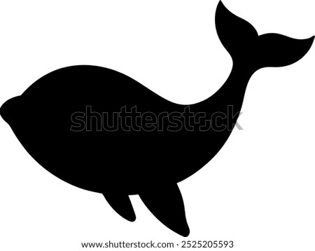 Whale silhouette in black, smooth curves, minimal design capturing its sleek movement on white