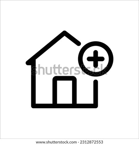Home add sign icon vector in flat design illustration. Isolated on white background. New, positive, plus sign, add sign icon. Home icon outline design. Perfect for all project, website, design graphic