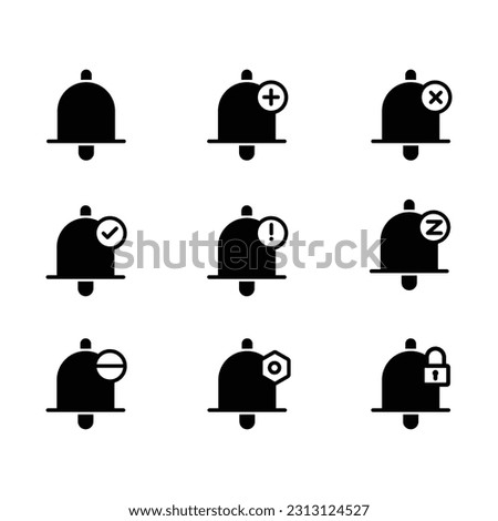 Bell notification icon set isolated on black background. Contains such as  add, X cross, check mark, exclamation, zzz, do not enter, settings, lock sign. Perfect for website or design graphic.