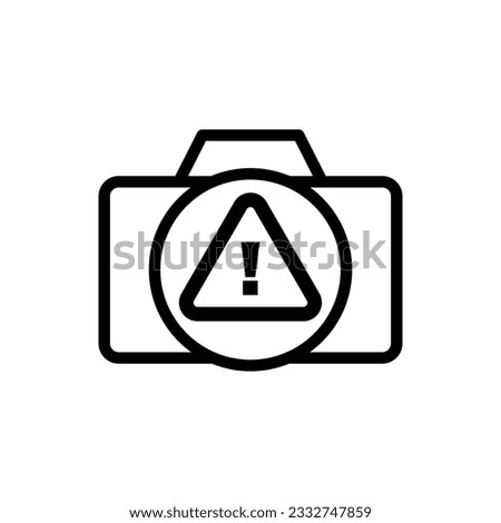 Photo camera with exclamation mark warnings sign on lens line icon vector. Warning sign, caution sign camera icon. Vector illustration outline pictogram for infographic interface or design graphic.