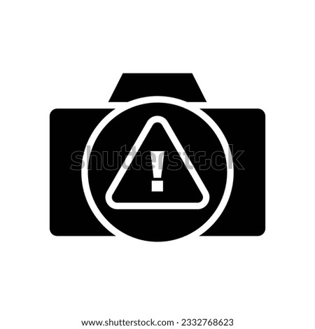 Photo camera with exclamation mark warnings sign on lens glyph icon vector. Warning sign, caution sign camera icon. Vector illustration glyph pictogram for infographic interface or design graphic.