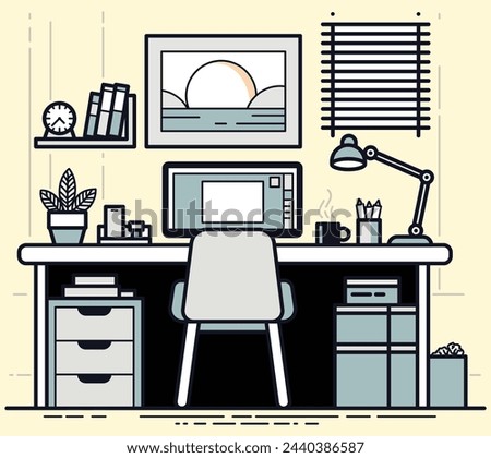 Thin line flat design of creative workspace, working from home, modern desk with display, stylish picture on wall for room interior. Modern vector illustration concept, day light