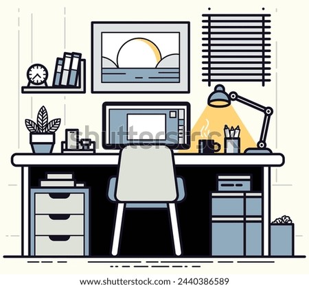 Thin line flat design of creative workspace, working from home, modern desk with display, stylish picture on wall for room interior. Modern vector illustration concept, night light