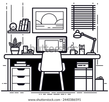 Thin line flat design of creative workspace, working from home, modern desk with display, stylish picture on wall for room interior. Modern vector illustration concept, black and white