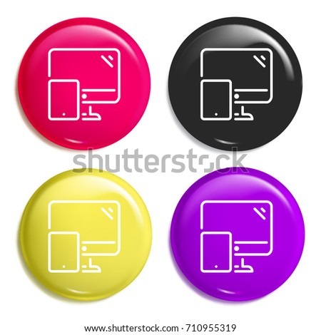 Devices multi color glossy badge icon set. Realistic shiny badge icon or logo mockup