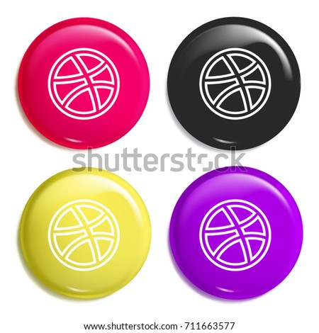 Dribbble multi color glossy badge icon set. Realistic shiny badge icon or logo mockup
