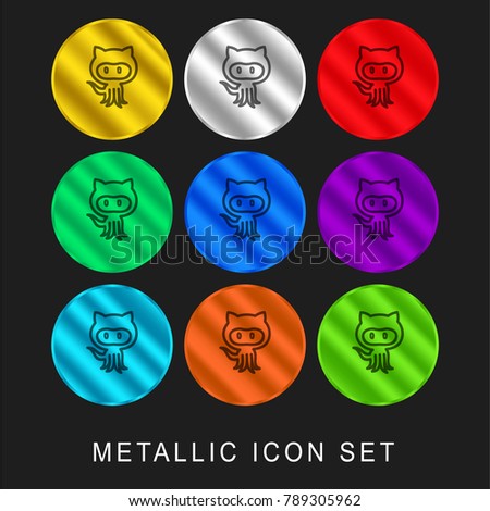 Octocat hand drawn logo outline 9 color metallic chromium icon or logo set including gold and silver