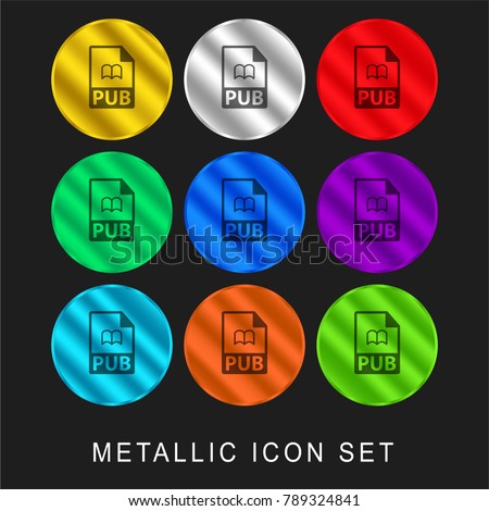 PUB file format symbol 9 color metallic chromium icon or logo set including gold and silver