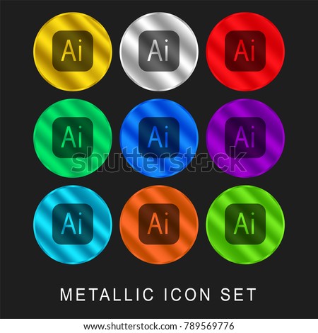 Illustrator 9 color metallic chromium icon or logo set including gold and silver