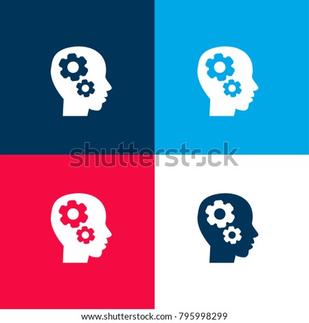 Gears in bald head side view four color material and minimal icon logo set in red and blue