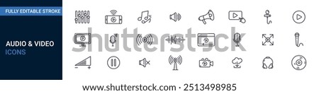 Audio and video editable line icons collection. podcast, music, voice, streaming, microphone icons collection. Vector illustration.