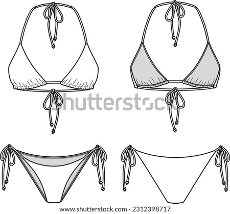 Bikini technical fashion flat. Swimsuit vector illustration with front and back view, white color, editable mockup template.