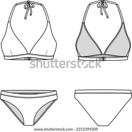 Bikini technical fashion flat. Swimsuit vector illustration with front and back view, white color, editable mockup template.