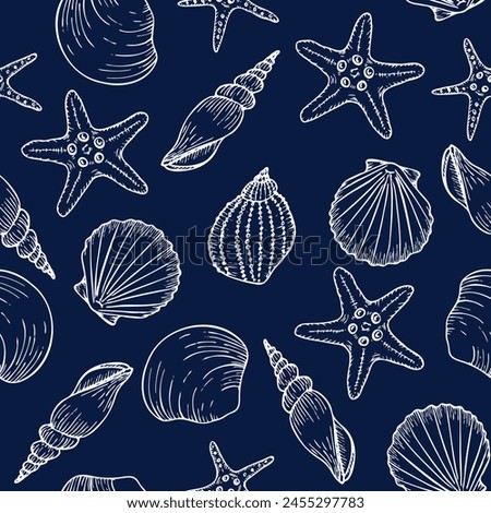 Underwater seamless pattern with seashells line art illustrations in white color on blue background. Scallop sketch, seashell line drawing. Summer ocean beach print for background, textile, fabric