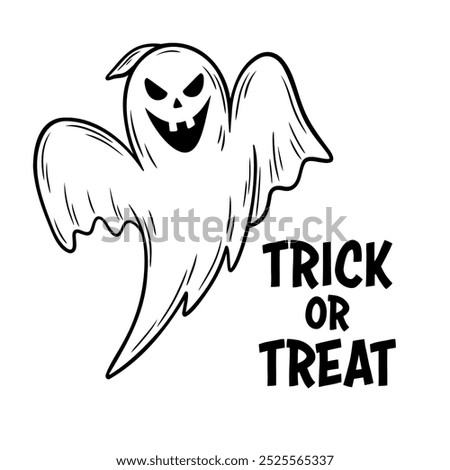 Sinister laughing Halloween ghost illustration in line art style and Trick or Treat text. Graphic monochrome drawing. Hand drawn outline sketch, engraved doodle illustration. For coloring, invitation