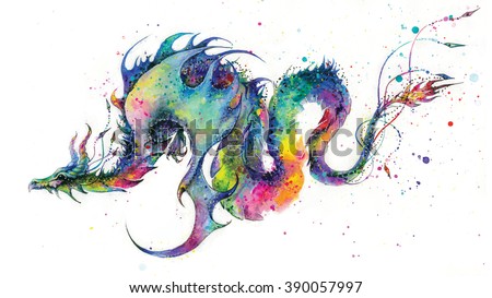 Very colorful and vibrant watercolor painting of rainbow dragon on white paper background