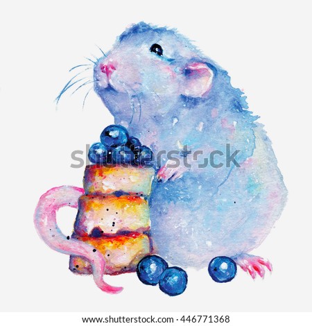 Watercolor minimalistic illustration of pet rat. Colorful fantasy painting isolated on white background.