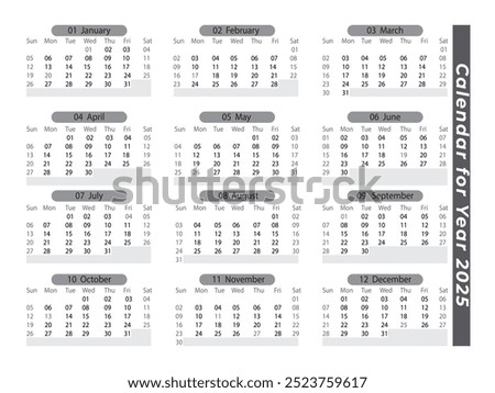 2025 Landscape Black and White Calendar. 2025 Horizontal Black and White Calendar Template. 